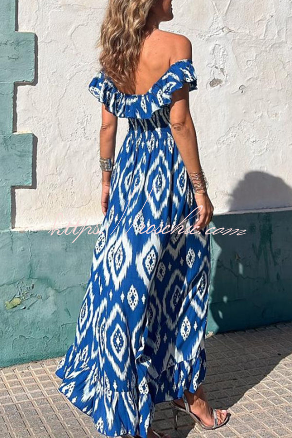 Coastal Canvas Ethnic Print Smocked Bust Ruffle Neck Maxi Dress