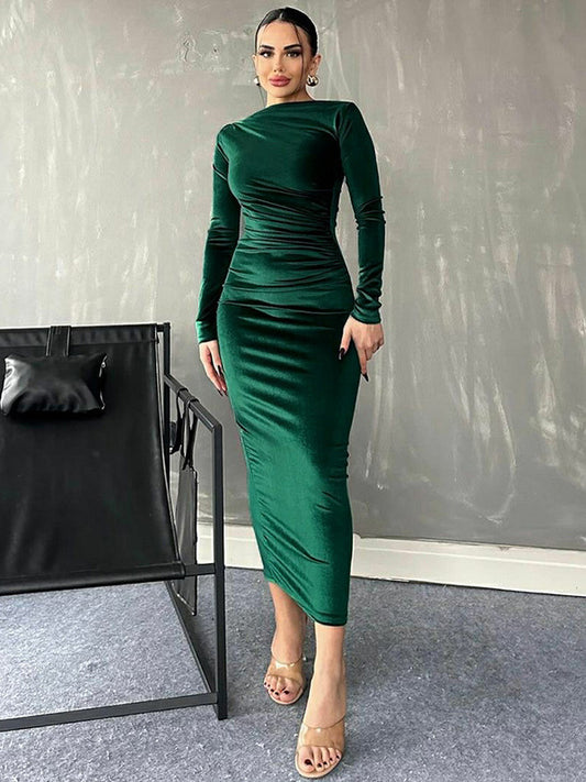Velvet Dress Black Pleated Dating Long Sleeves Jewel Neck Summer Maxi Dresses