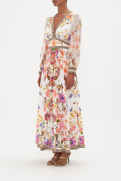 Floral V-Neck Puff Long Sleeve Maxi Dress