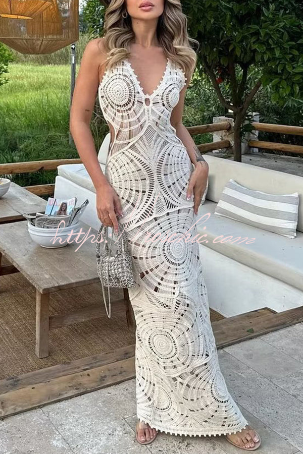 On Vacay Time Crochet Lace Cutout Waist Coverup Stretch Maxi Dress