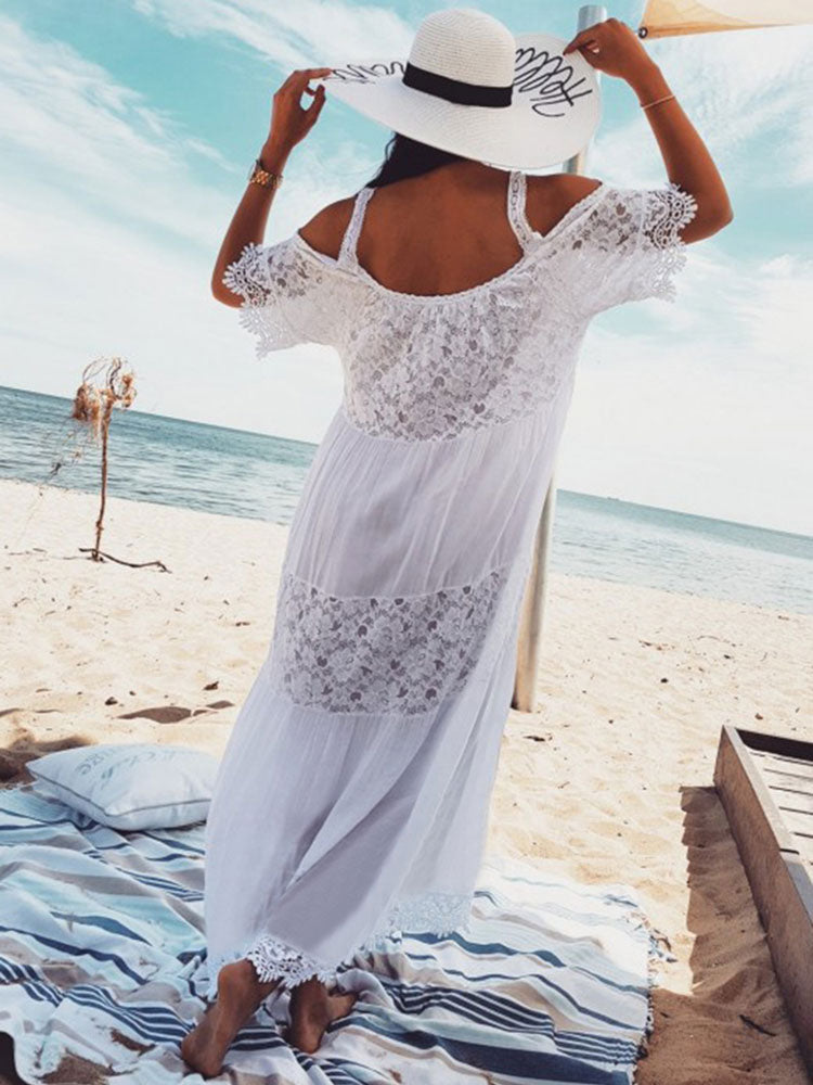 White Boho Dress Women Maxi Dress Lace Half Sleeve Cold Shoulder Beach Dress