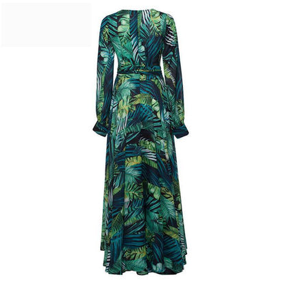 Vestido largo con cuello en V y estampado de hojas