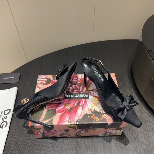DG Bow Slingbacks 10cm High Heel Black Silk