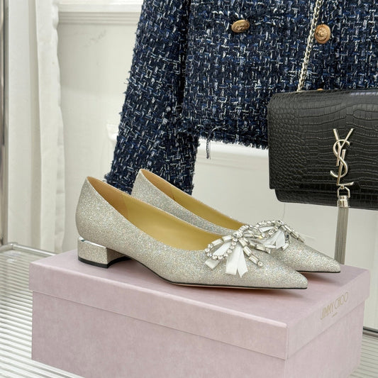 Jimmy Choo 26WF Pointed Toe Rhinestone Bow Chunky Heel Silver Sheepskin 573543