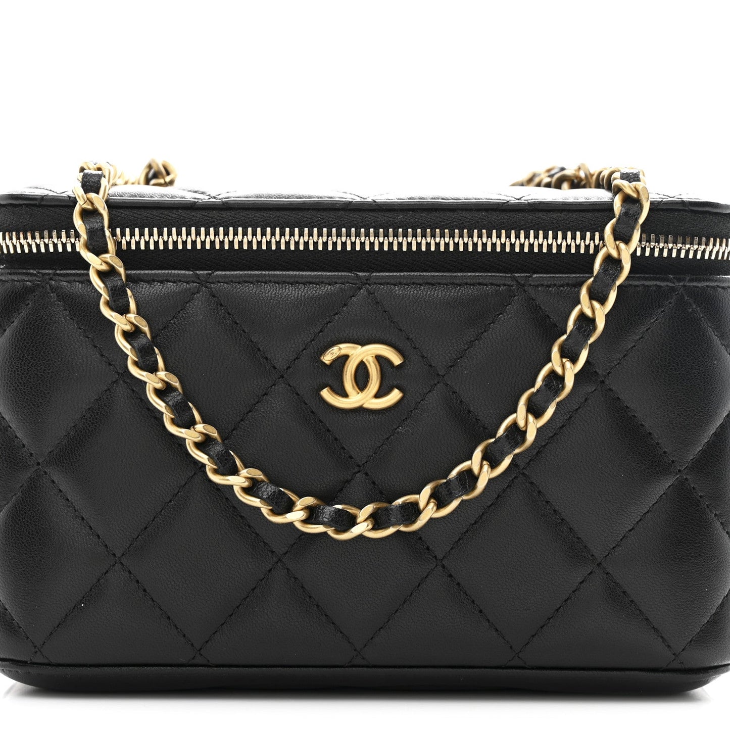Lambskin Quilted Pearl Crush Small Vanity Case With Chain Black