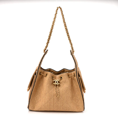 Braided Raffia Calfskin Quilted Small Chanel 25 Handbag Beige Black