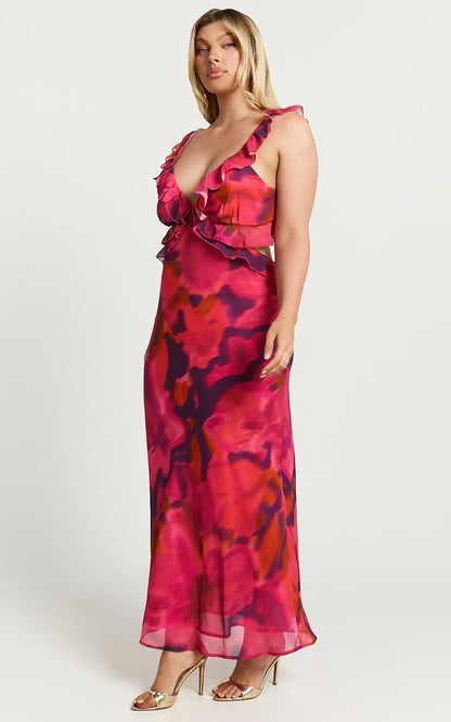 Alessa Maxi Dress - V Neck Frill Detail Empire Waist Back Cut Out Dress in Adeana Print