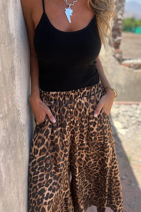 Pantalones anchos con bolsillo y cintura elástica con estampado de leopardo