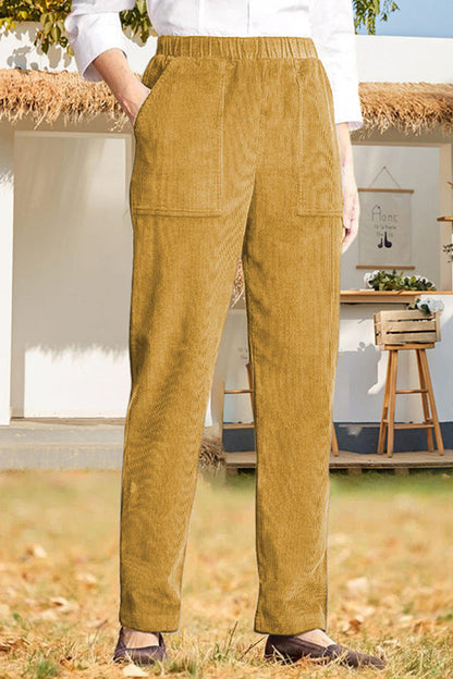 Pantalones casuales rectos a rayas con cintura elástica de color sólido