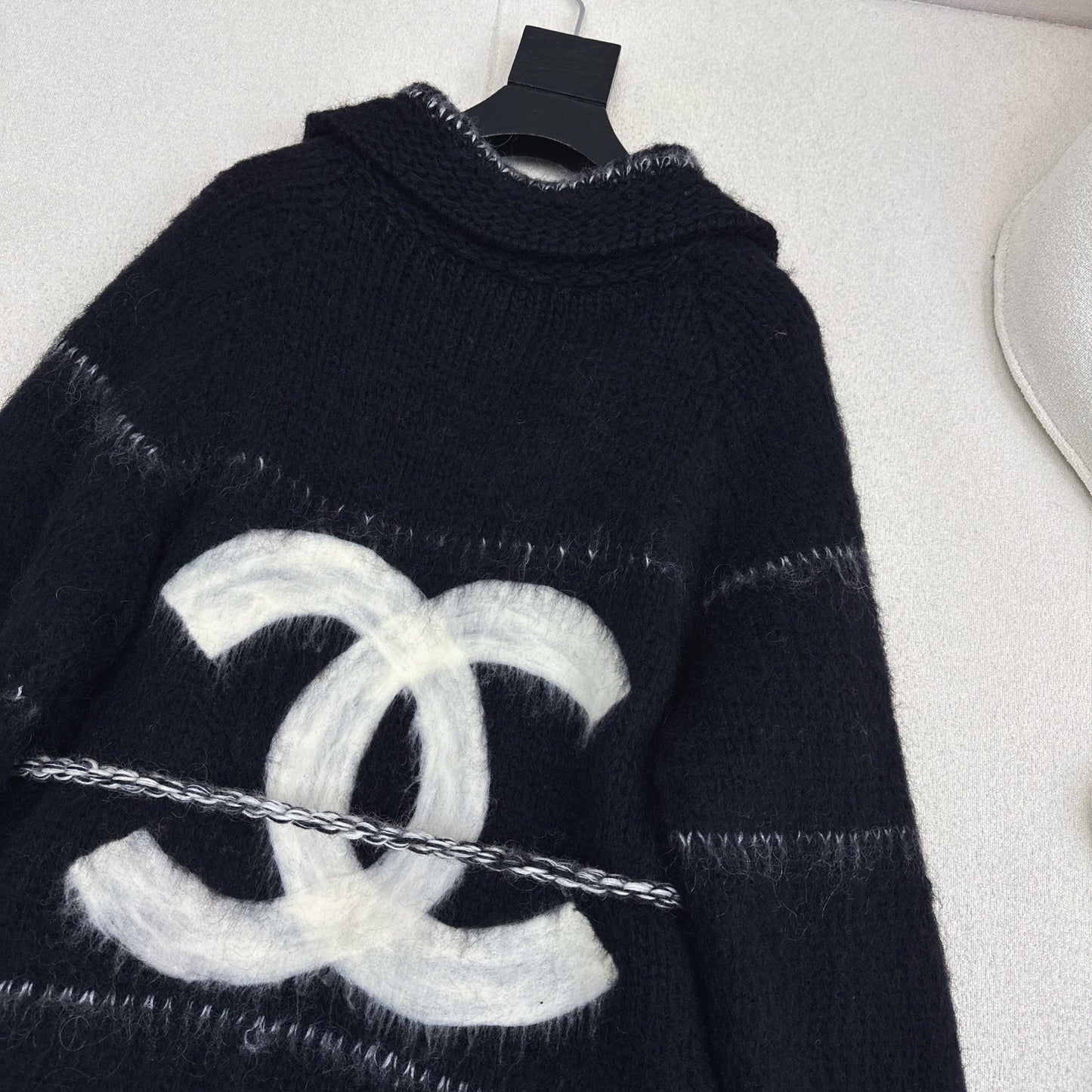 CC Mohair Wool Fluffy Black and White Belt Cardigan