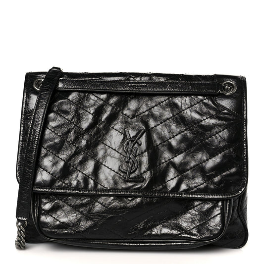 Crinkled Calfskin Matelasse Monogram Large Niki Chain Satchel Black