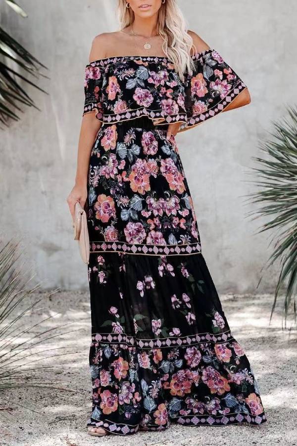 Vestido largo estampado con hombros descubiertos