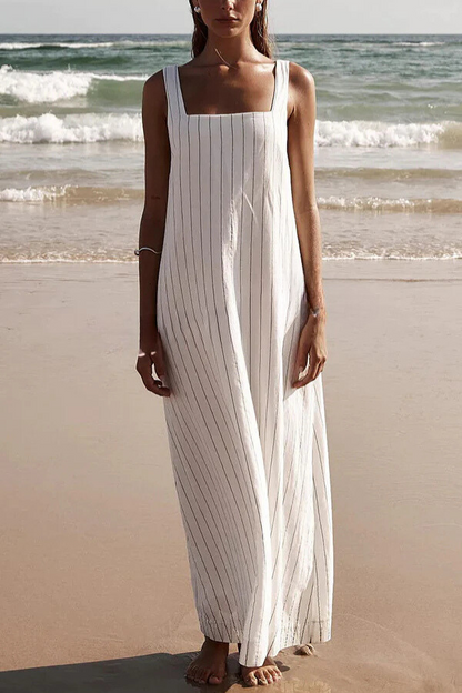Vestido largo sencillo y deslumbrante de mezcla de lino con detalle de raya diplomática y escote cuadrado.