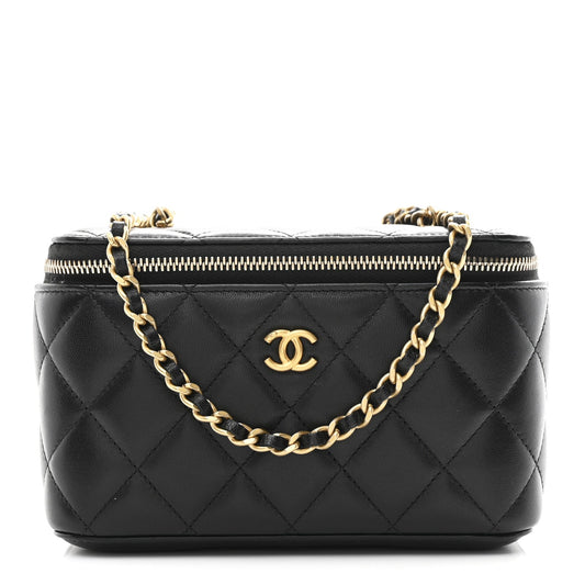 Lambskin Quilted Pearl Crush Small Vanity Case With Chain Black