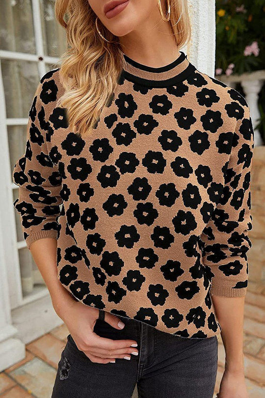 Suéter de punto con estampado floral y cuello alto, suéter ligero con bloques de color