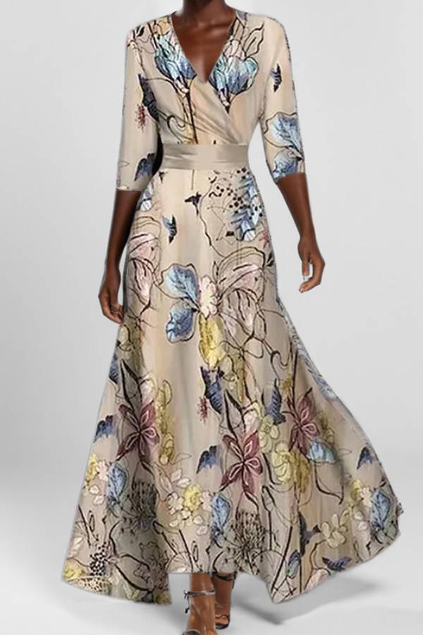 Vestido de manga larga con escote en V y cintura ajustada con temperamento