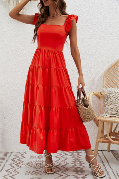 Vestido con falda pastel de cintura alta, color liso, cintura delgada, mangas voladoras
