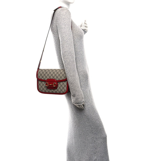 GG Supreme Monogram Azalea Calfskin Horsebit 1955 Shoulder Bag Beige Ebony New Cherry Red