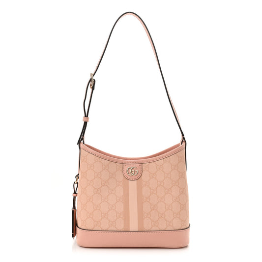 GG Supreme Monogram Textured Dollar Calfskin Web Small Ophidia Bucket Shoulder Bag Rose Pink