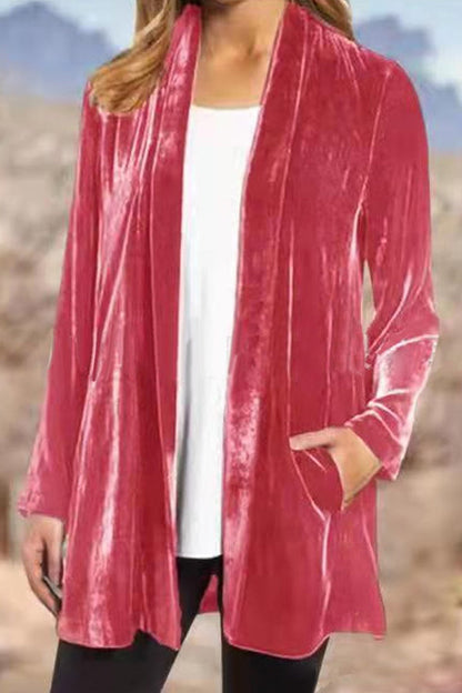 Blazer tipo cárdigan informal de terciopelo dorado de color liso