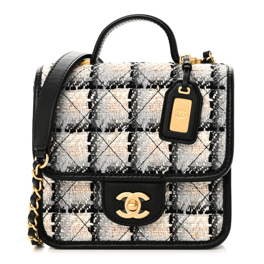 Tweed Calfskin School Memory Mini Top Handle Flap Ecru Grey Beige Black