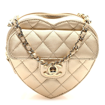 Metallic Lambskin Quilted CC In Love Heart Clutch With Chain Gold
