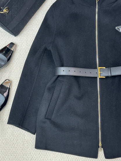 Prada 25 Mid-length Hooded Coat Black Wool 637355