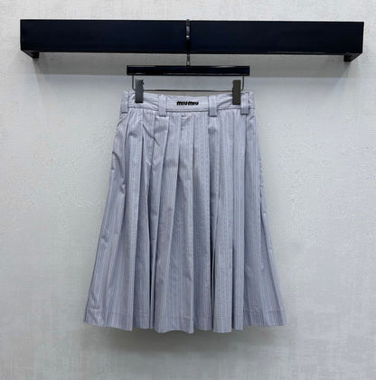Miu Miu Pleated Striped Midi Skirt Grey Cotton 341903