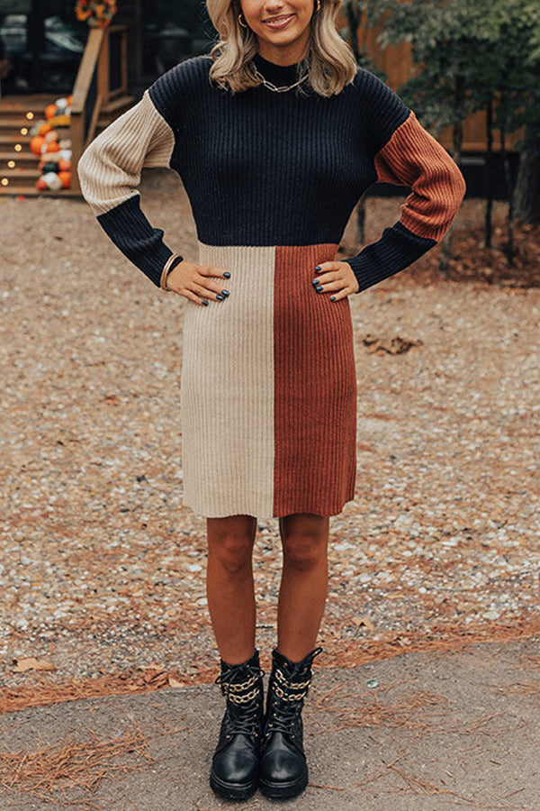 Vestido mini de punto con cuello alto y bloques de color en color café con leche de invierno