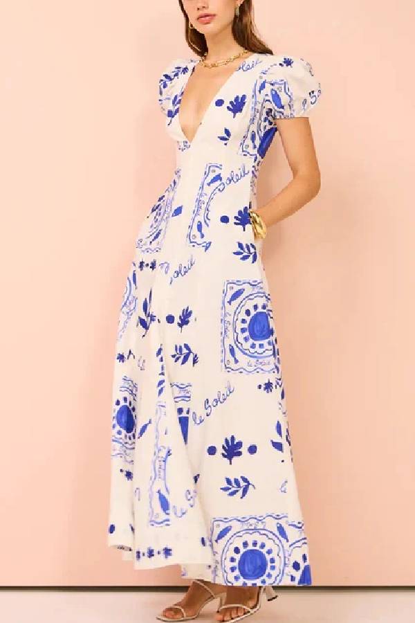 Vestido largo con bolsillos, mangas abullonadas y estampado único en mezcla de lino Embrace The Glamour