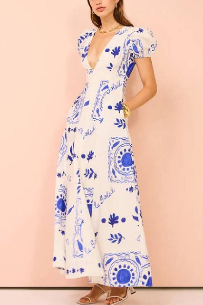 Vestido largo con bolsillos, mangas abullonadas y estampado único en mezcla de lino Embrace The Glamour