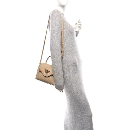 Calfskin Crocodile Embossed Small La Medusa Top Handle Bag Beige