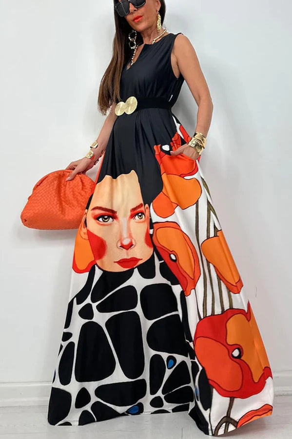 Vestido largo holgado estilo tribal mexicano con bolsillos y estampado único