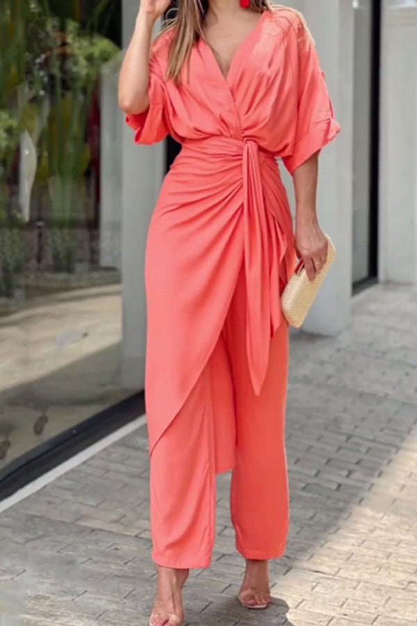 Traje casual elegante de moda con escote en V, cintura alta y color sólido