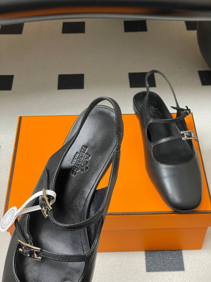 Hermes 26S Mila Open-Heel Sandals Black in Calfskin 594349