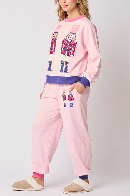 Conjunto de sudadera con lentejuelas y pantalones holgados con cintura elástica y bolsillos de estilo soldado navideño