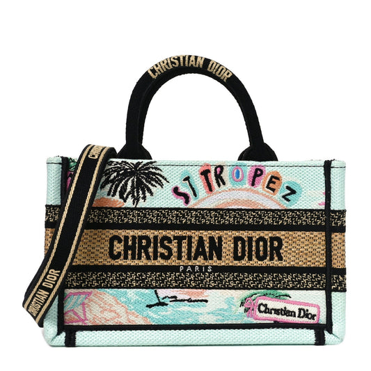 Canvas Embroidered Souvenir Saint Tropez Mini Book Tote With Strap Natural Multicolor