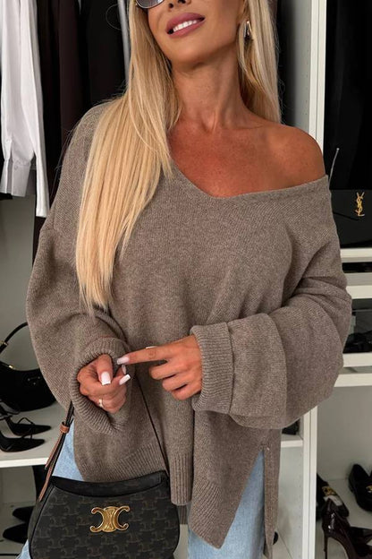 Suéter holgado irregular de manga larga con cuello en V y color liso para clima frío 