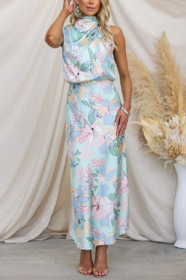 Vestido largo con cuello halter y cintura elástica con estampado floral "Love In The Garden" 