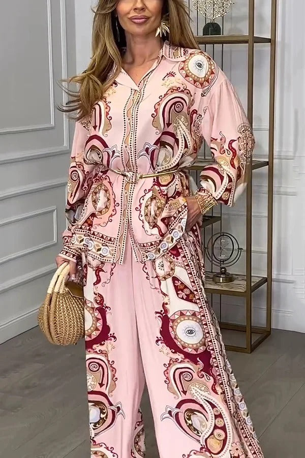 Conjunto de camisa de manga larga con solapa y estampado único con lazo en la cintura y pantalones anchos con bolsillo y cintura elástica