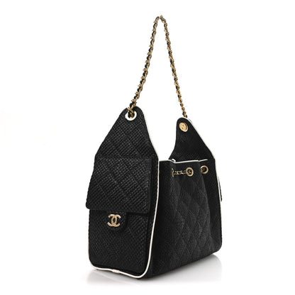 Braided Raffia Calfskin Small Chanel 25 Handbag Black White