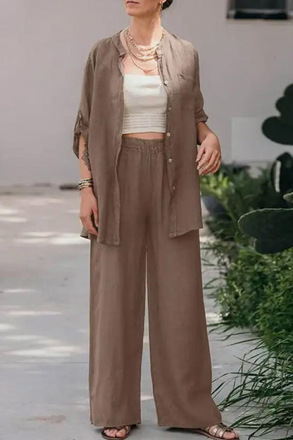 Conjunto de camisa y pantalón de color liso holgado informal