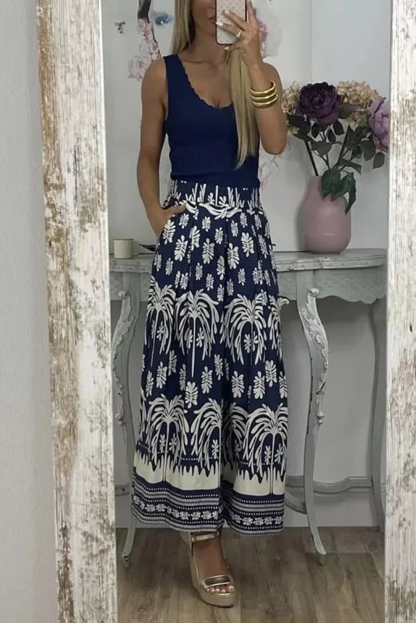 Pantalones anchos de pierna para vacaciones con bolsillo suelto y cintura elástica con estampado único