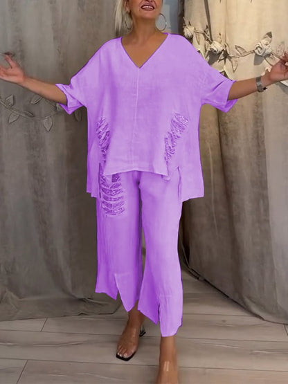 Pearl | Women's Casual 2 Piece Set V-Neck Top and Cropped Pants