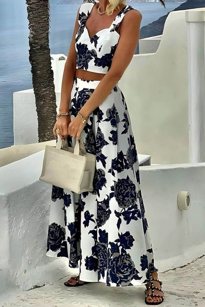 Conjunto de dos piezas de top y falda con tirantes y estampado de moda