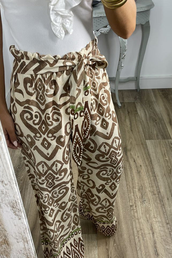 Pantalones con estampado tótem étnico y lazo en la cintura GALA