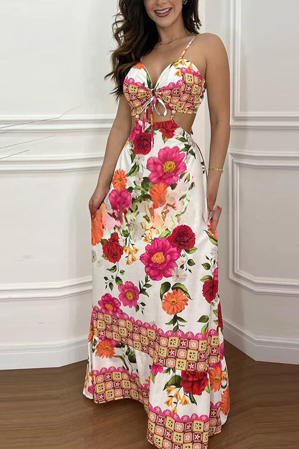 Vestido largo de vacaciones con cordones, aberturas en los anillos y estampado tropical estilo mexicano