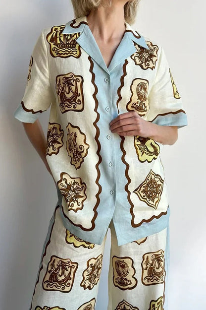 Blusa extragrande con botones y manga corta con estampado único de mezcla de lino Lakeside Breeze