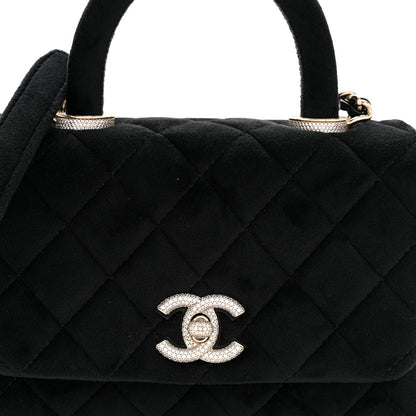 Velvet Crystal Quilted Extra Mini Coco Handle Flap Black