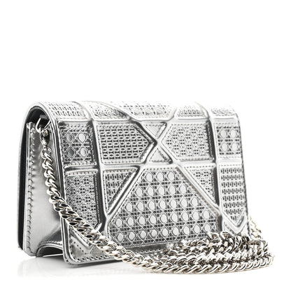 Metallic Patent Micro-Cannage Baby Diorama Flap Bag Silver